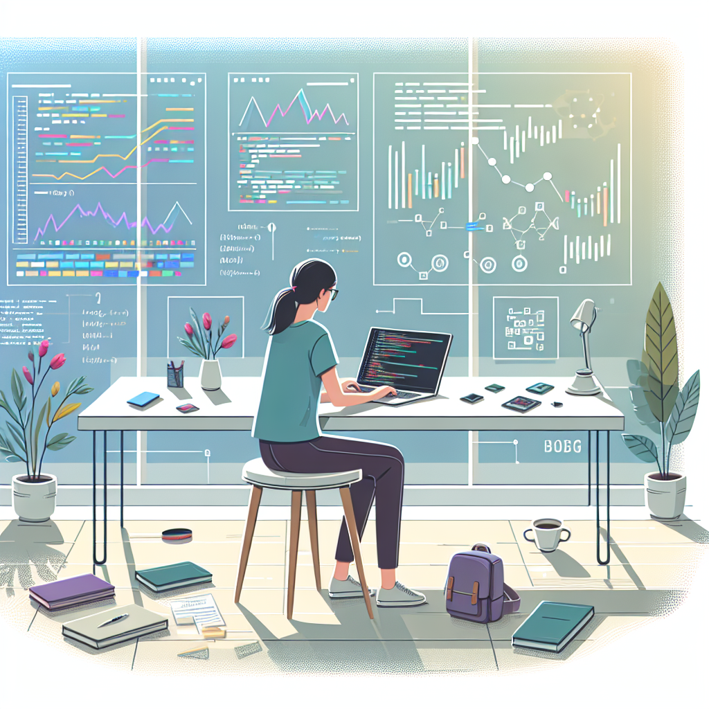 A clean, modern illustration depicting a beginner coding a trading bot on a laptop, surrounded by charts, graphs, and coding symbols, with a light and inviting color palette.